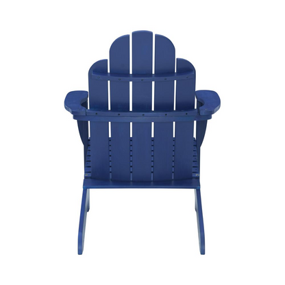Blue Adirondack chair from Start2Finish, showcasing a wooden outdoor furniture piece with wide armrests and a sloped back.