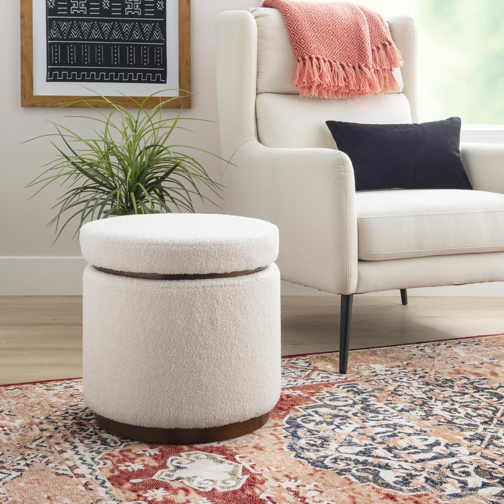 Natural walnut Blanche storage ottoman by Start2Finish with a cushioned top and spacious interior for living room storage.