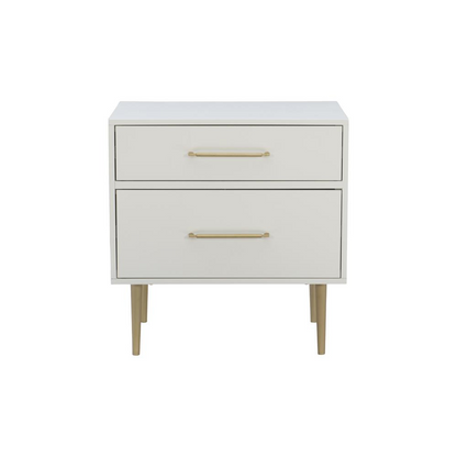 Start2Finish Gloria two-drawer nightstand with dark wood finish and sleek modern design, featuring silver handles and smooth surface.