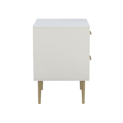 Start2Finish Gloria two-drawer nightstand with sleek wood finish and modern handles, shown with top surface and drawer details.