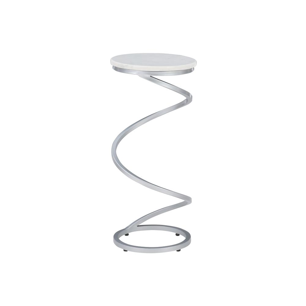Silver and white marble spiral drink table by Start2Finish, showcasing a sleek, modern furniture design with a polished finish.