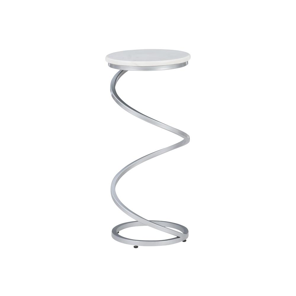 Start2Finish Rian Spiral Drink Table in silver with white marble top, modern furniture piece with a unique spiral design.