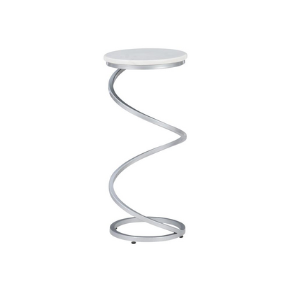 Start2Finish Rian Spiral Drink Table in silver with white marble top, modern furniture piece with a unique spiral design.
