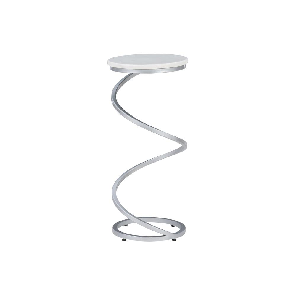 Silver and white marble Rian spiral drink table by Start2Finish, showcasing a sleek, modern furniture piece with a spiral design