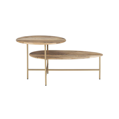 Start2Finish Tavin two-tiered coffee table in natural wood with gold metal frame, showcasing modern furniture design and craftsmanship.
