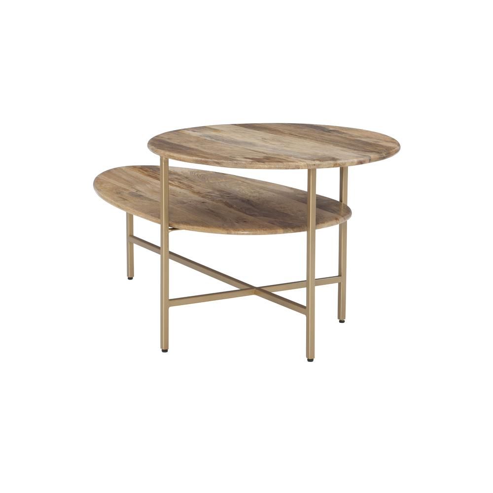 Start2Finish Tavin Two Tiered Coffee Table in natural finish with gold accents, showcasing a modern furniture design with two-tiered surfaces.