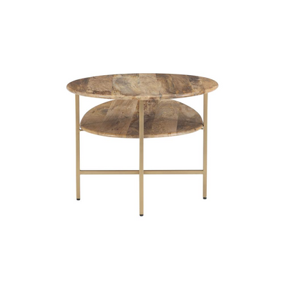 Start2Finish Tavin two-tiered coffee table in natural wood with gold metal frame, showcasing a modern furniture design.