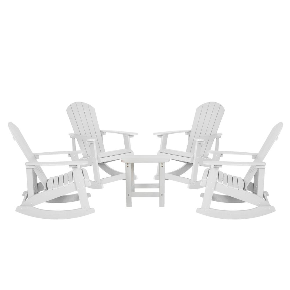 Set of four white Adirondack rocking chairs with matching side tables, outdoor furniture by Start2Finish.