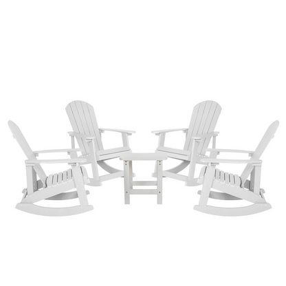Set of four white Adirondack rocking chairs with matching side tables, outdoor furniture by Start2Finish.
