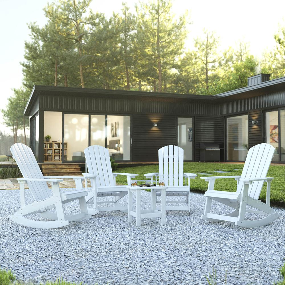 Set of four white Adirondack rocking chairs with side table, outdoor furniture by Start2Finish, ideal for relaxing patios.