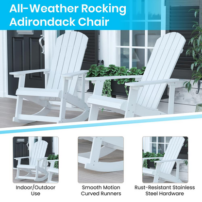Set of 4 white Adirondack rocking chairs with matching side tables, made of durable outdoor furniture by Start2Finish.