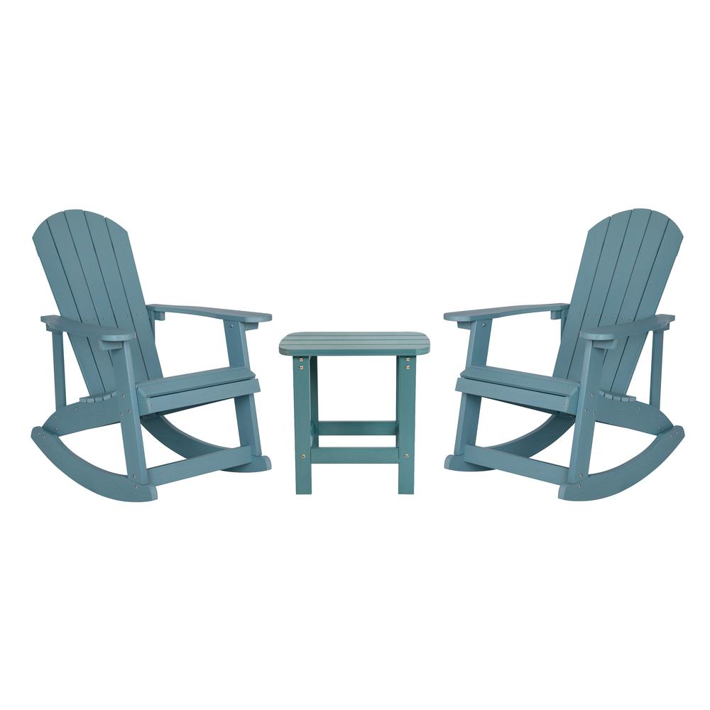 Set of 2 Sea Foam Adirondack rocking chairs with matching side table, stylish outdoor furniture by Start2Finish.