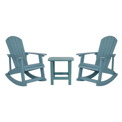 Set of 2 Sea Foam Adirondack rocking chairs with matching side table, stylish outdoor furniture by Start2Finish.