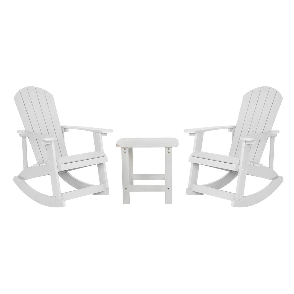 Set of 2 white Adirondack rocking chairs with matching side table, outdoor furniture by Start2Finish, for patio or garden use.