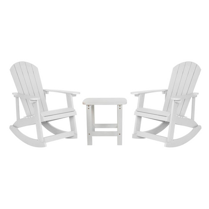Set of 2 white Adirondack rocking chairs with matching side table, outdoor furniture by Start2Finish, for patio or garden use.