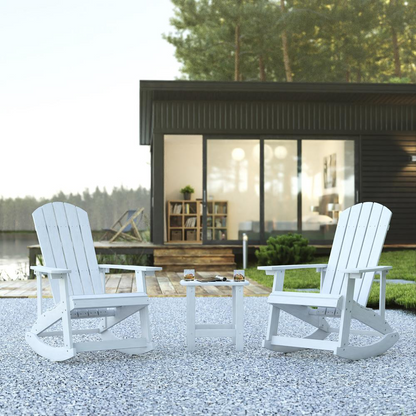 Set of 2 white Adirondack rocking chairs with matching side table from Start2Finish, outdoor furniture for relaxing porch seating.