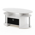 White oak oval coffee table by Start2Finish featuring a built-in bin and stainless steel tube legs, simple modern furniture design.