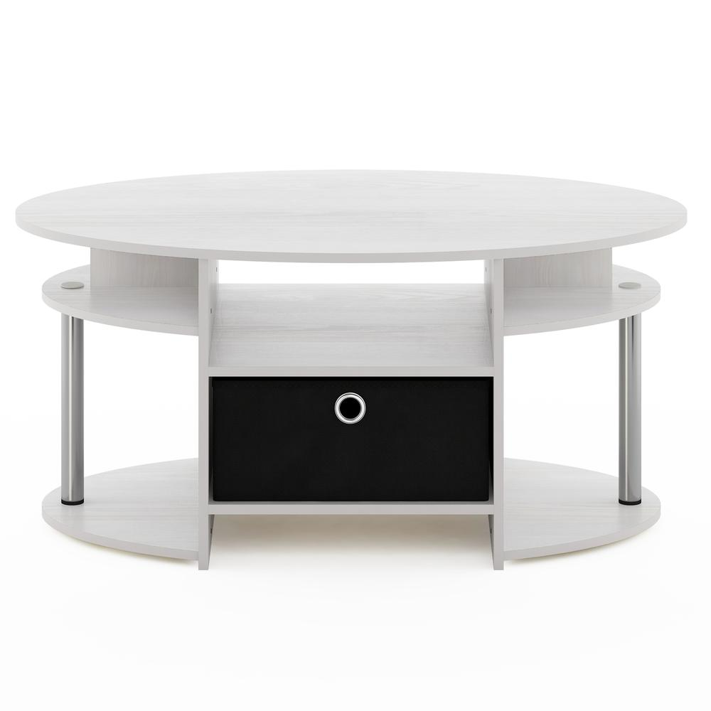 White oak oval coffee table with stainless steel tube legs and built-in storage bin, modern simple design from Start2Finish.