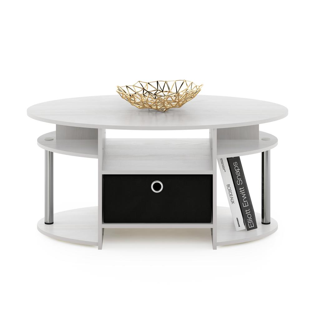Start2Finish JAYA oval coffee table with white oak finish, stainless steel tubes and built-in storage bin, modern furniture design