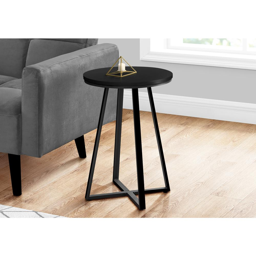 Black round accent side table with lamp, ideal as a nightstand or living room end table, from Start2Finish furniture collection.