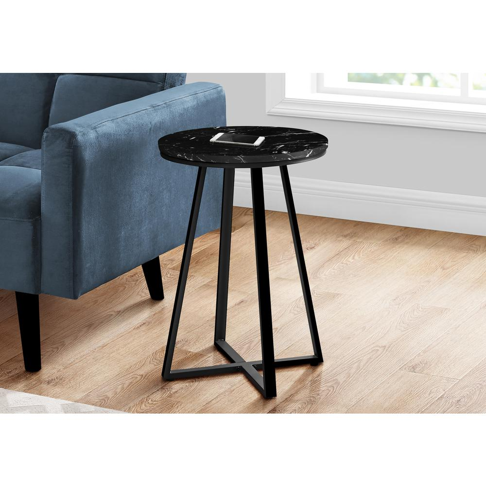 Black round side accent table with a lamp, ideal as an end or nightstand for living room or bedroom, by Start2Finish furniture.