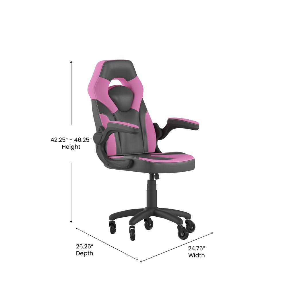 Pink and black X10 Gaming Racing Office Chair with leather-soft upholstery, ergonomic design, and adjustable armrests.