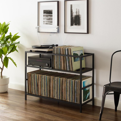 Start2Finish Provo record player stand with built-in vinyl storage, modern furniture piece for audio equipment and record organization.
