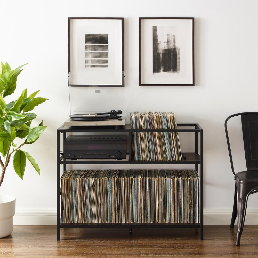 Start2Finish Provo record player stand with built-in vinyl storage, wooden furniture piece with shelves for records and audio equipment.