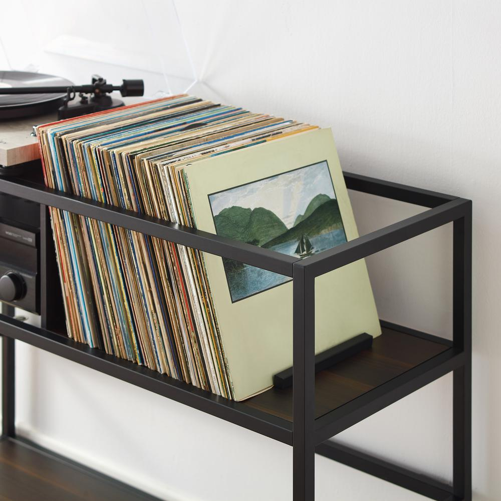 Start2Finish Provo record player stand with built-in vinyl storage, dark wood furniture for audio equipment and record organization.