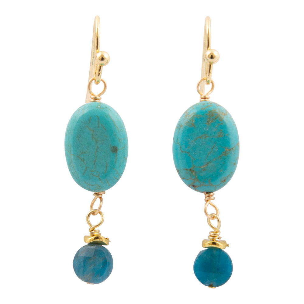 Teal apatite golden drop earrings featuring vibrant teal stones and gold-plated dangle design, jewelry by Start2Finish.