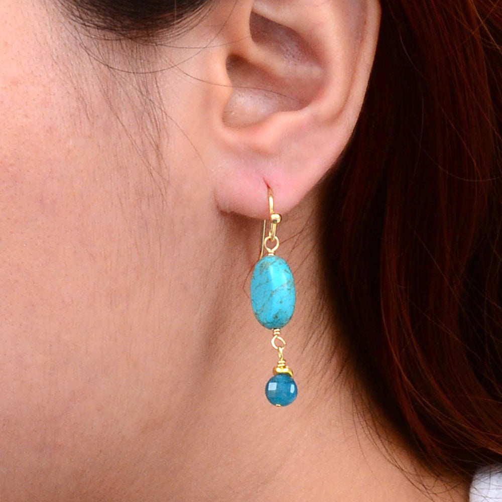 Teal Apatite Golden Drop Earrings from Start2Finish jewelry featuring teardrop-shaped gemstones and gold-tone settings.