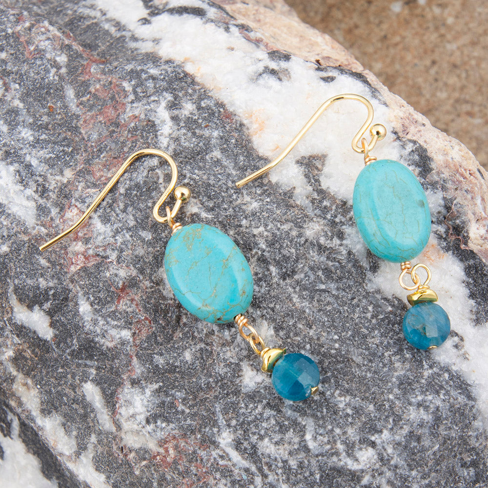 Teal Apatite Golden Drop Earrings featuring teardrop-shaped teal stones with gold hooks, elegant jewelry from Start2Finish