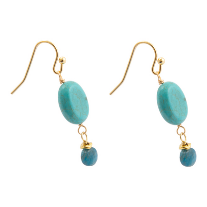Teal apatite golden drop earrings featuring teardrop-shaped stones hanging from gold-plated hooks.