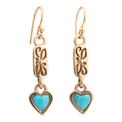 Dainty Hearts turquoise and gold drop earrings with heart-shaped charms and elegant design, jewelry by Start2Finish.