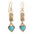 Dainty Hearts turquoise and gold drop earrings with heart-shaped charms and elegant design, jewelry by Start2Finish.