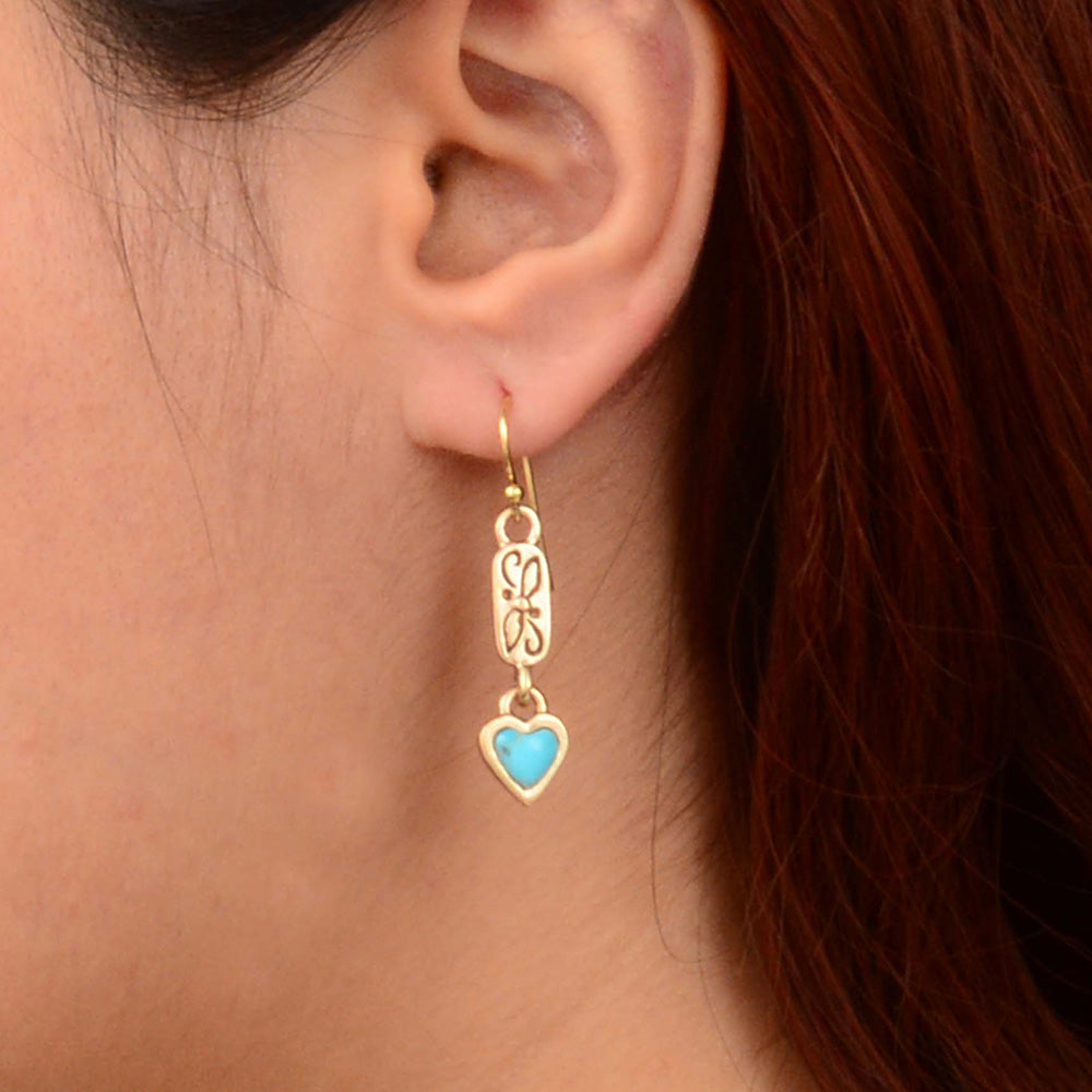 Dainty turquoise and gold drop earrings with heart-shaped designs, crafted by Start2Finish, jewelry accessory with elegant details.
