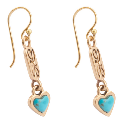 Dainty turquoise and gold drop earrings with heart-shaped design, jewelry by Start2Finish, featuring elegant dangling style.