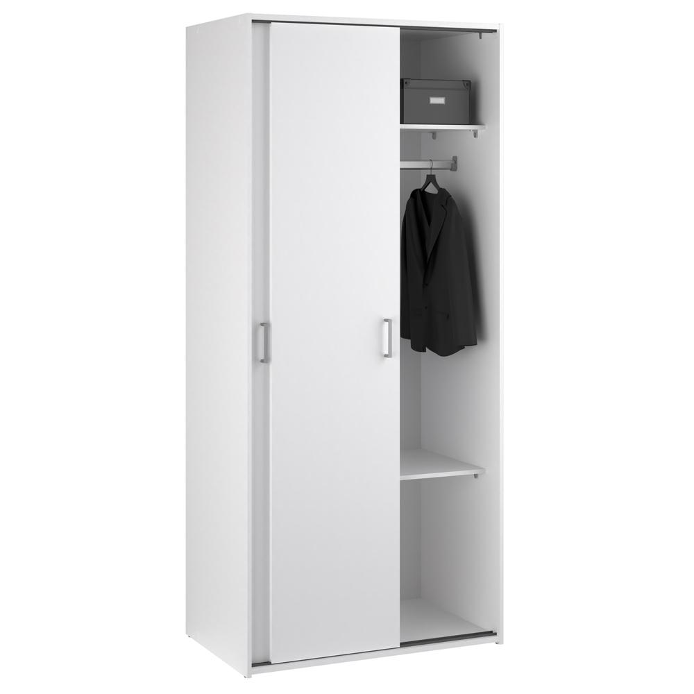 White space wardrobe with two sliding doors, modern furniture piece by Start2Finish, shown with open doors revealing interior storage.