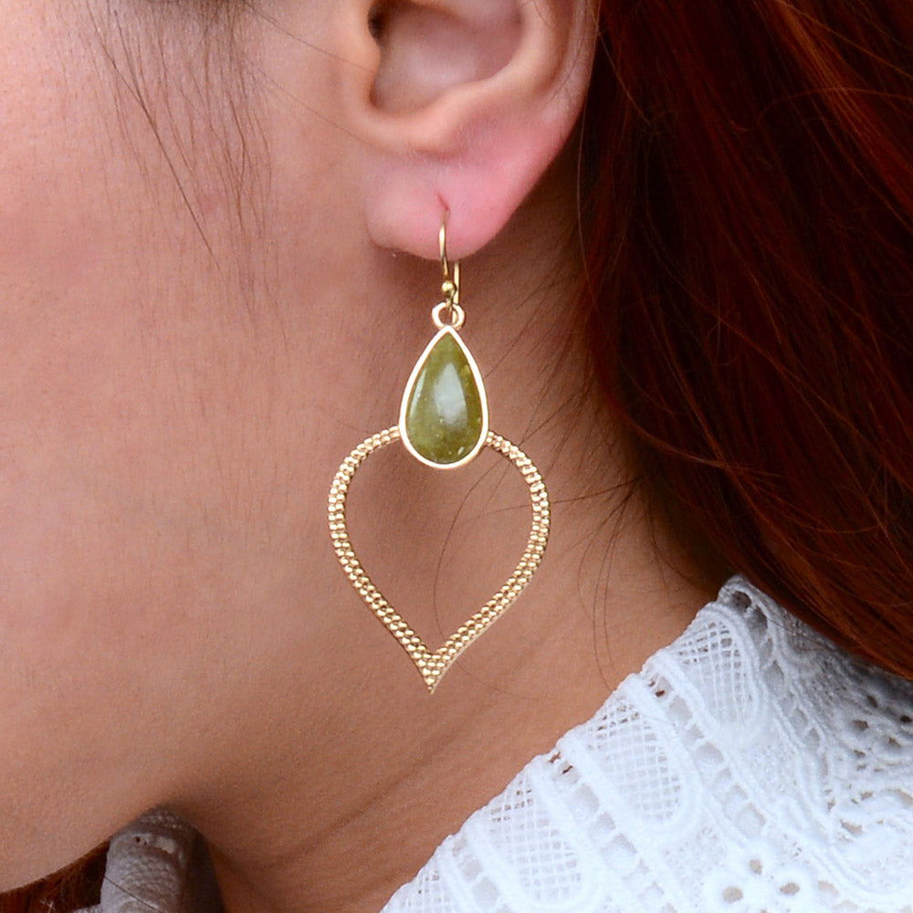 Green Jasper Bedouin Golden Drop Earrings by Start2Finish featuring green jasper stones and gold-tone drop design.