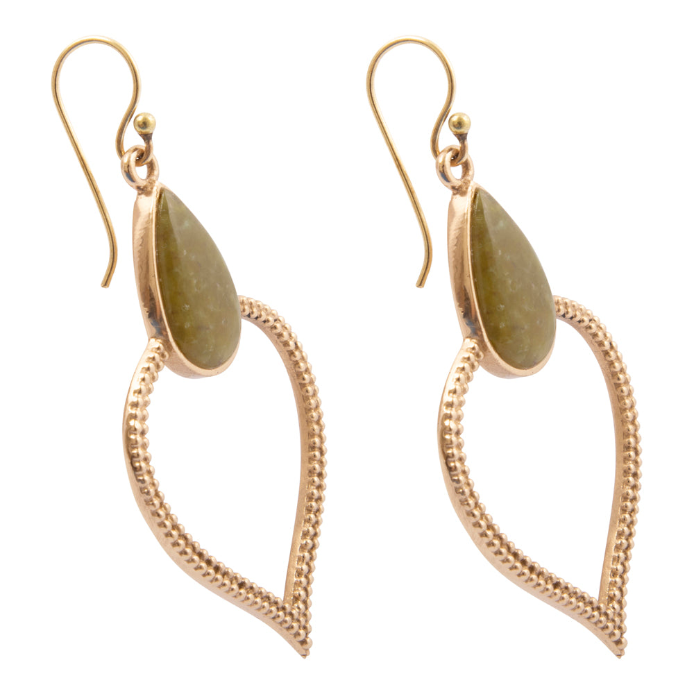 Green Jasper Bedouin Golden Drop Earrings featuring intricate gold accents and vibrant green jasper stones.