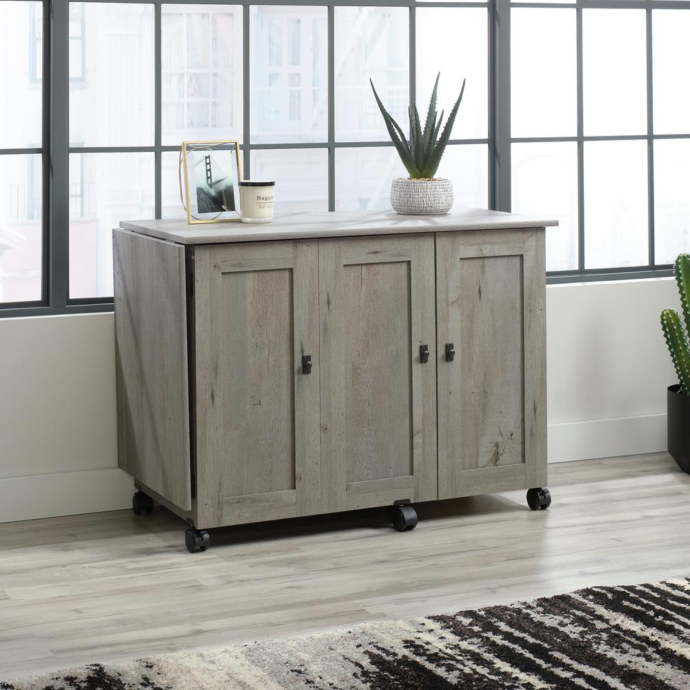 Start2Finish Mystic Oak craft and hobby storage unit for organizing supplies with multiple compartments and a natural wood finish.
