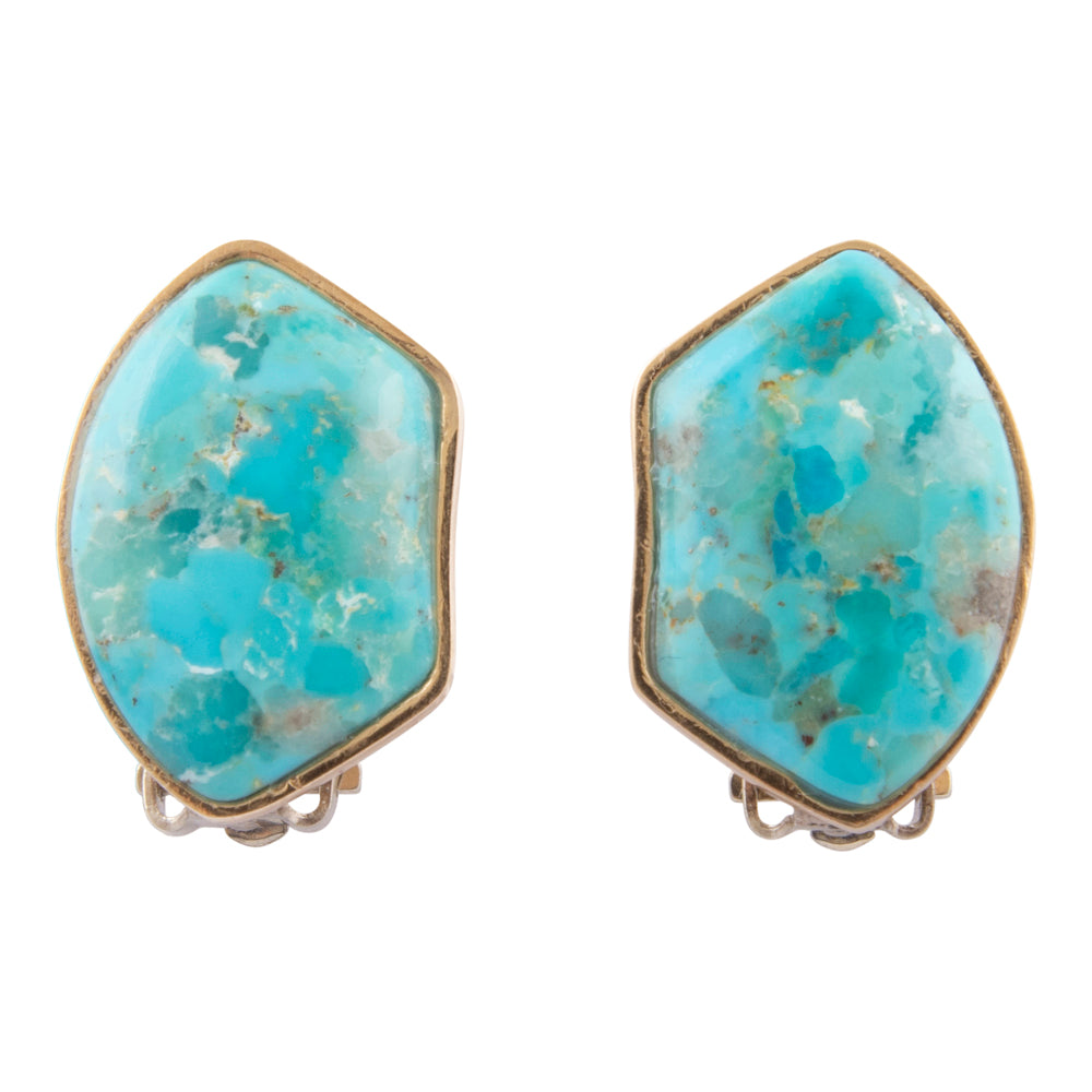 Blue turquoise and gold clip-on earrings from Start2Finish jewelry featuring vibrant blue stones and elegant gold accents.