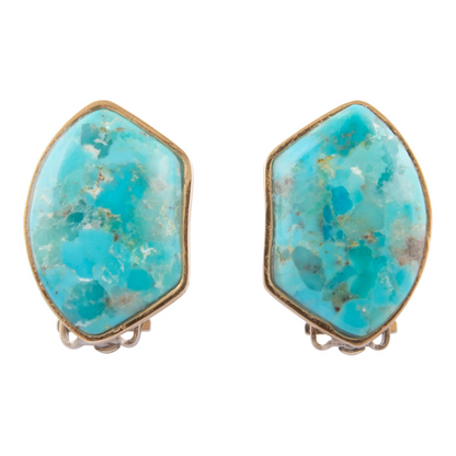 Blue turquoise and gold clip-on earrings from Start2Finish jewelry featuring vibrant blue stones and elegant gold accents.
