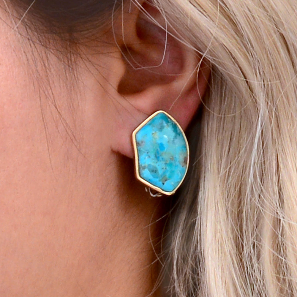 Blue turquoise and gold clip-on earrings, jewelry by Start2Finish featuring vibrant blue stones and elegant gold accents.
