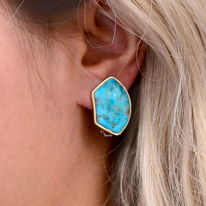 Blue turquoise and gold clip-on earrings, jewelry by Start2Finish featuring vibrant blue stones and elegant gold accents.
