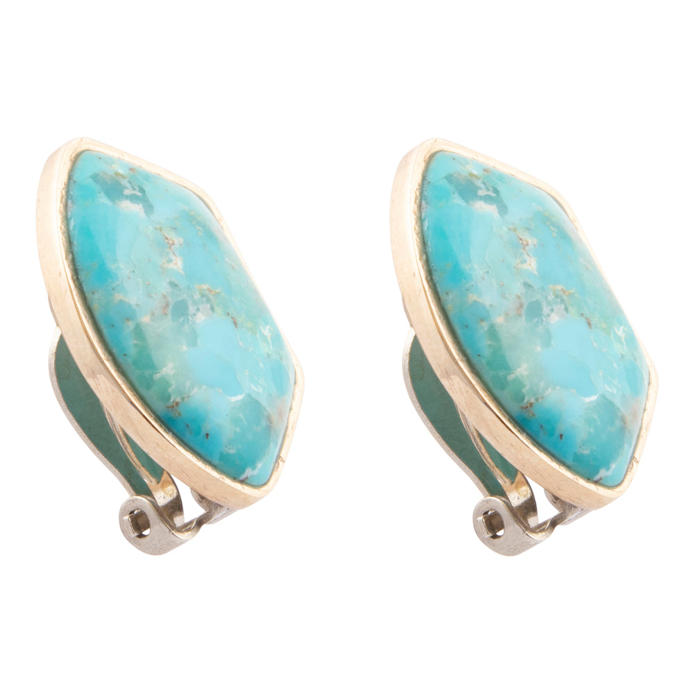 Blue turquoise and gold clip-on earrings featuring intricate jewelry design, ideal for stylish accessories.