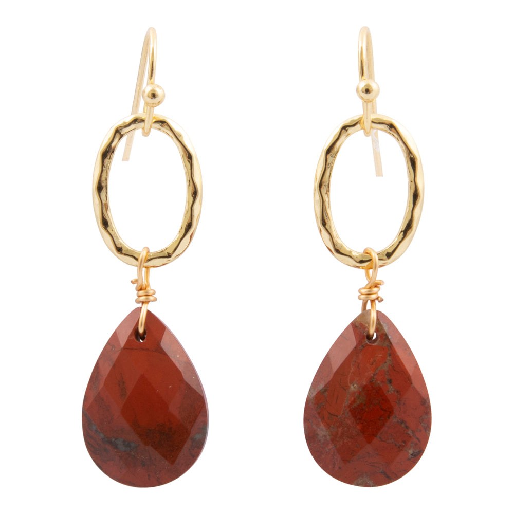 Red Jasper teardrop earrings with golden drop accents, handcrafted jewelry by Start2Finish featuring vibrant gemstone design.