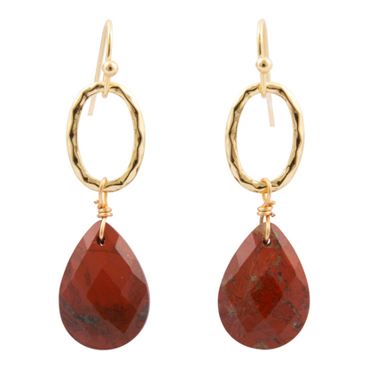 Red Jasper teardrop earrings with golden drop accents, handcrafted jewelry by Start2Finish featuring vibrant gemstone design.