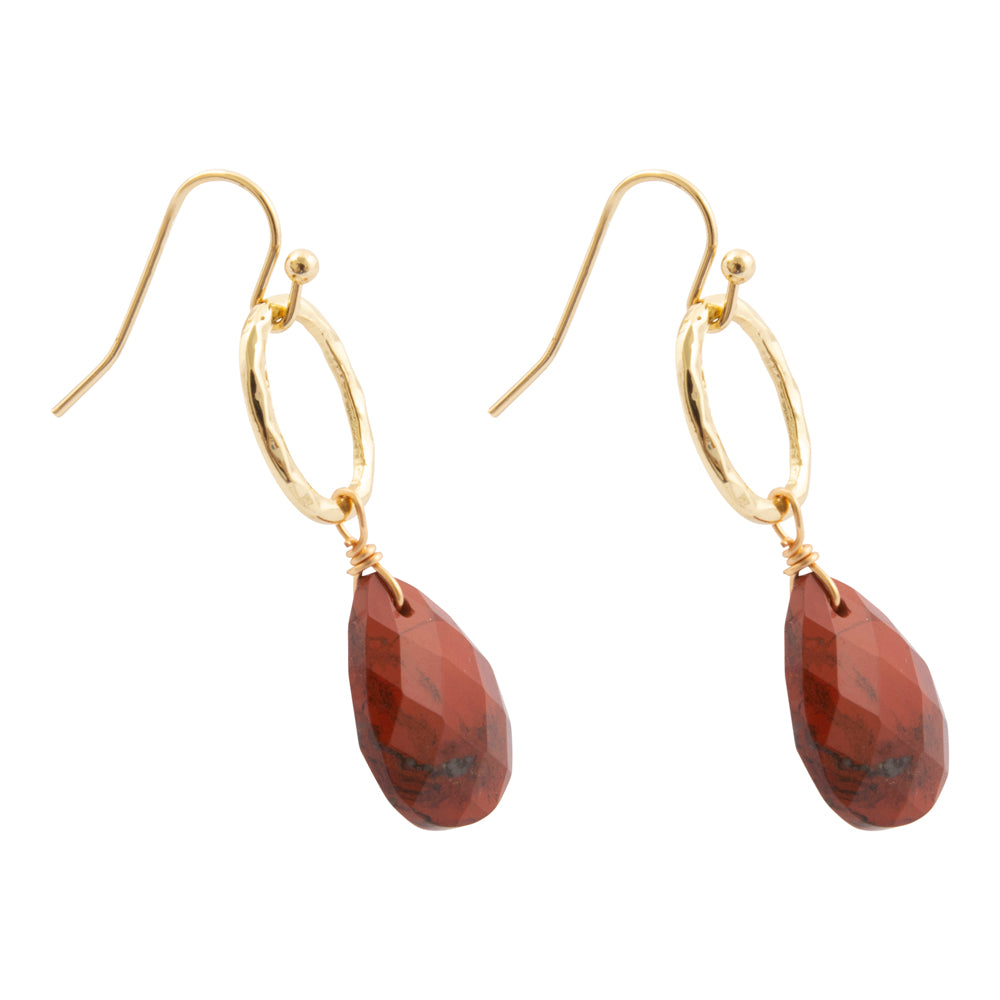 Red Jasper teardrop earrings with golden drop accents, featuring polished gemstones and elegant dangle design.