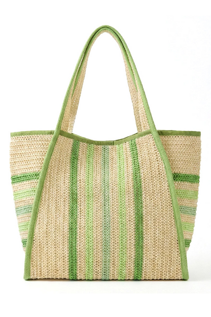 Start2Finish striped straw tote bag with woven handles, featuring blue, white, and natural straw stripes for casual accessories.